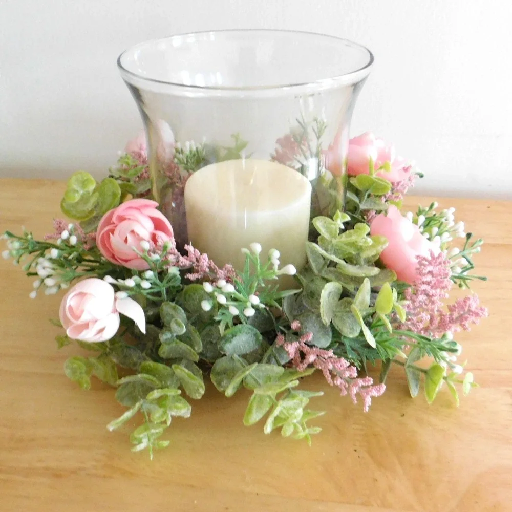 Dusty Miller Mini Wreath, Eucalyptus, Pink‎ Flowers, Candle Ring